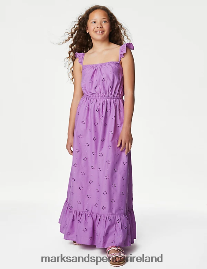 Marks & Spencer Kids Pure Cotton Broderie Dress Purple Clothing 2VJ8DF9582