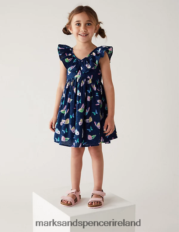 Marks & Spencer Kids Pure Cotton Butterfly Dress Navy Clothing 2VJ8DF9677