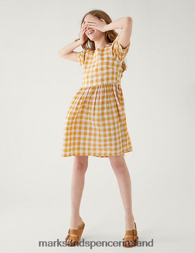 Marks & Spencer Kids Pure Cotton Checked Dress Yellow Clothing 2VJ8DF9729