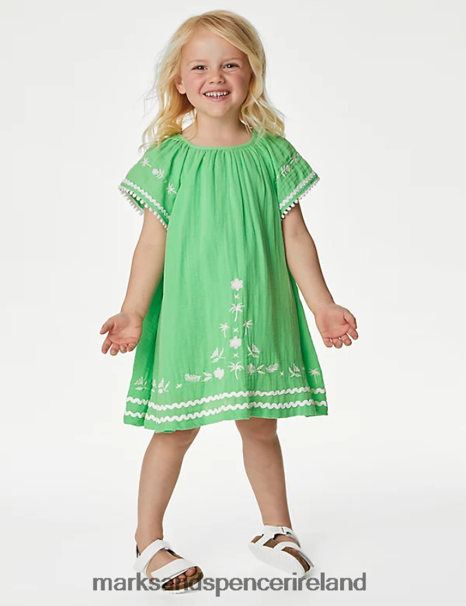 Marks & Spencer Kids Pure Cotton Embroidered Dress Green Clothing 2VJ8DF9411