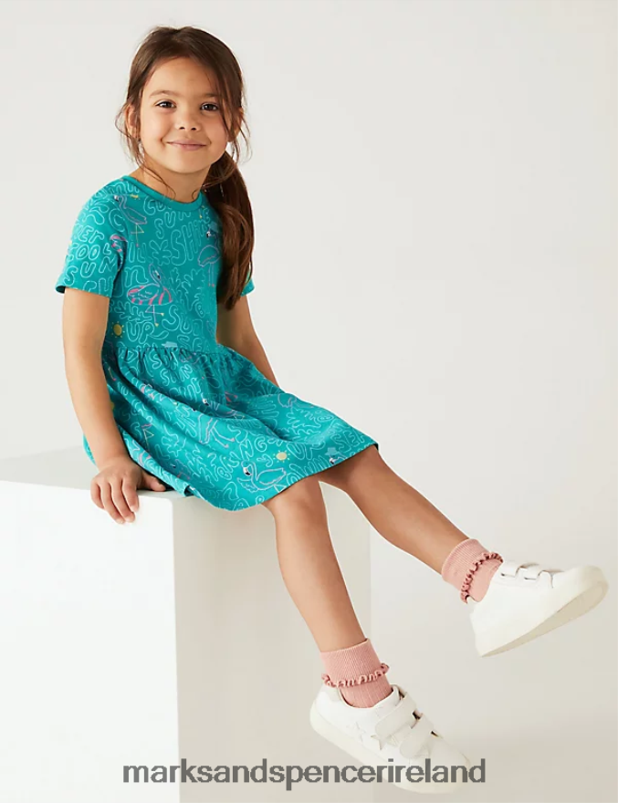 Marks & Spencer Kids Pure Cotton Flamingo Dress Green Clothing 2VJ8DF9263