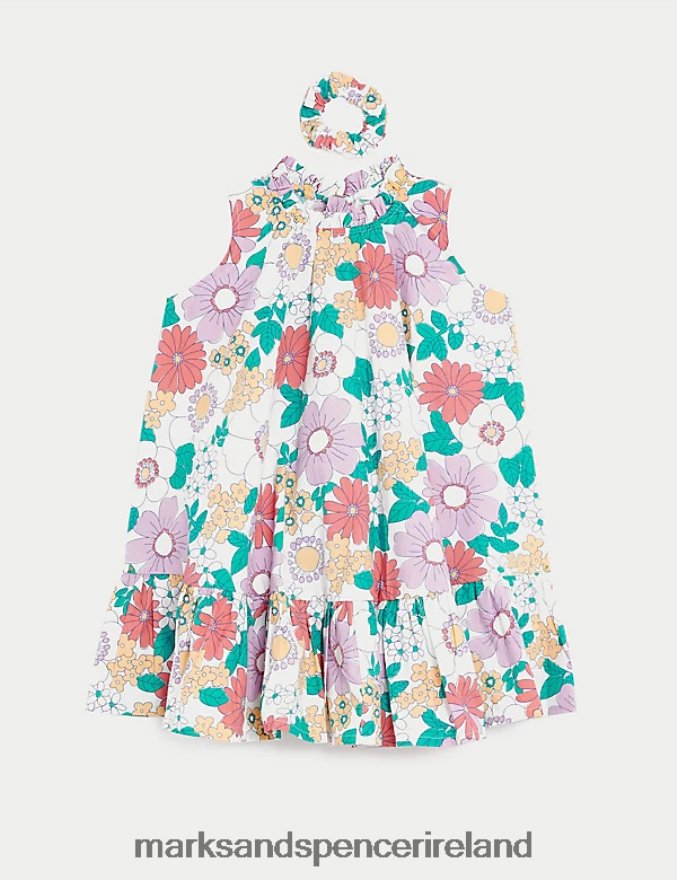 Marks & Spencer Kids Pure Cotton Floral Dress with Scrunchie Multi Clothing 2VJ8DF9056