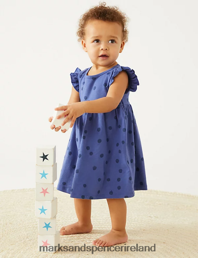 Marks & Spencer Kids Pure Cotton Spotted Dress Blue Clothing 2VJ8DF7646