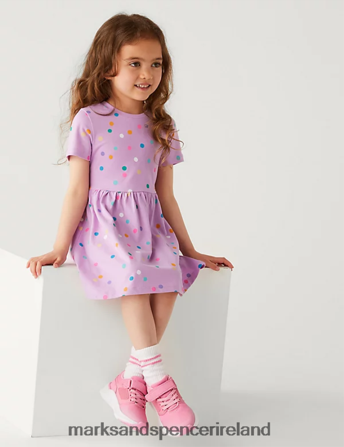 Marks & Spencer Kids Pure Cotton Spotted Dress Lilac Clothing 2VJ8DF9075