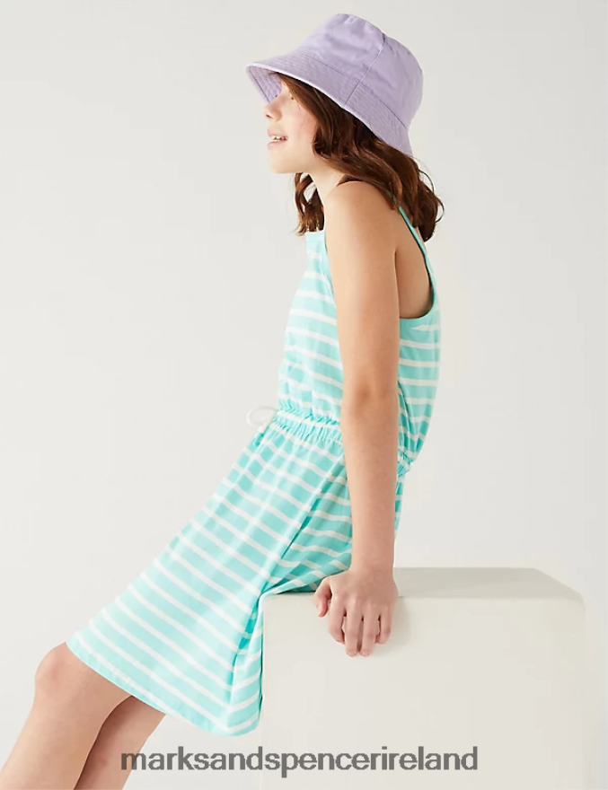 Marks & Spencer Kids Pure Cotton Striped Dress Aqua Clothing 2VJ8DF9906