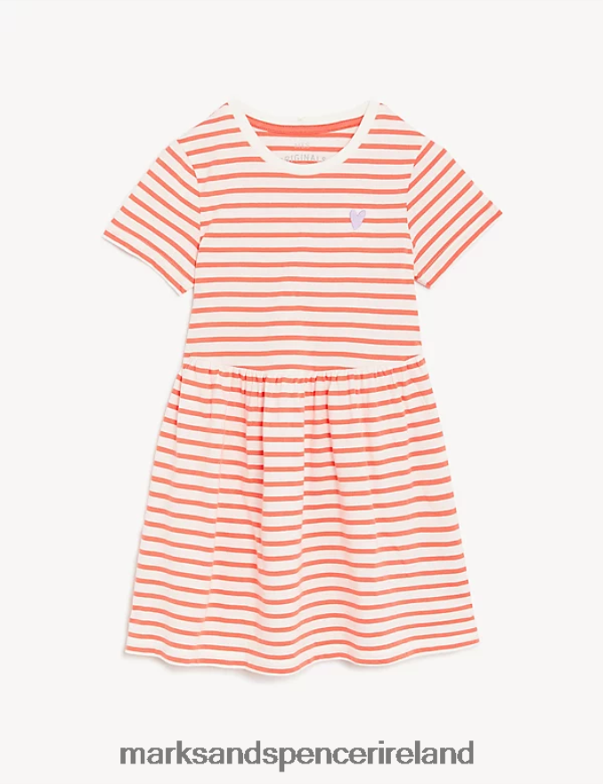 Marks & Spencer Kids Pure Cotton Striped Dress Coral Clothing 2VJ8DF9413