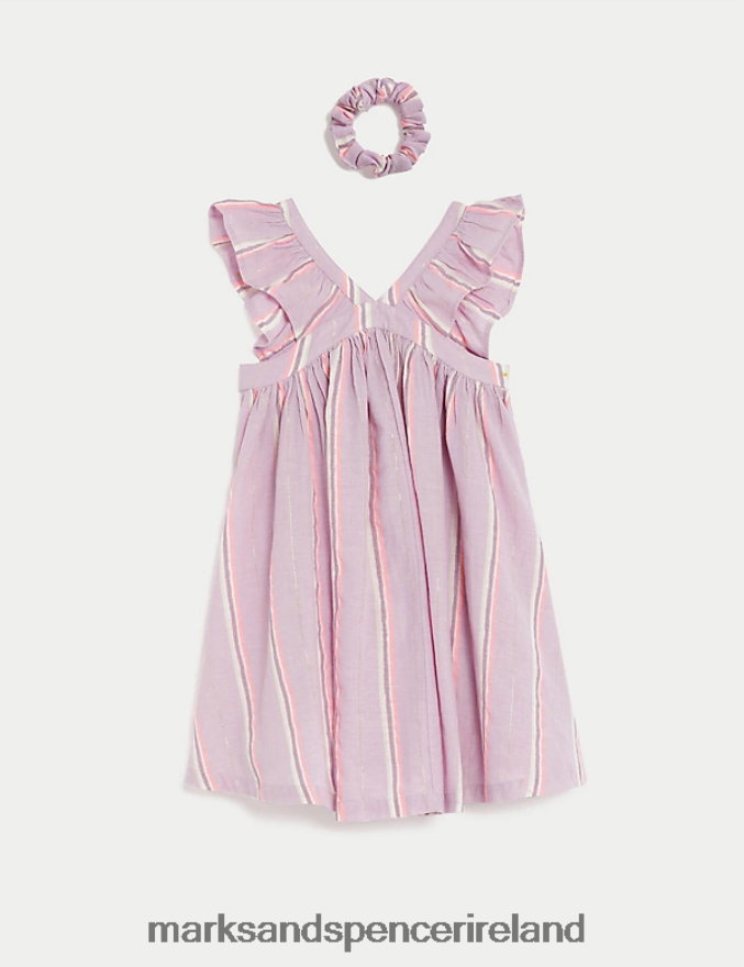 Marks & Spencer Kids Pure Cotton Striped Dress with Scrunchie Lilac Clothing 2VJ8DF9422