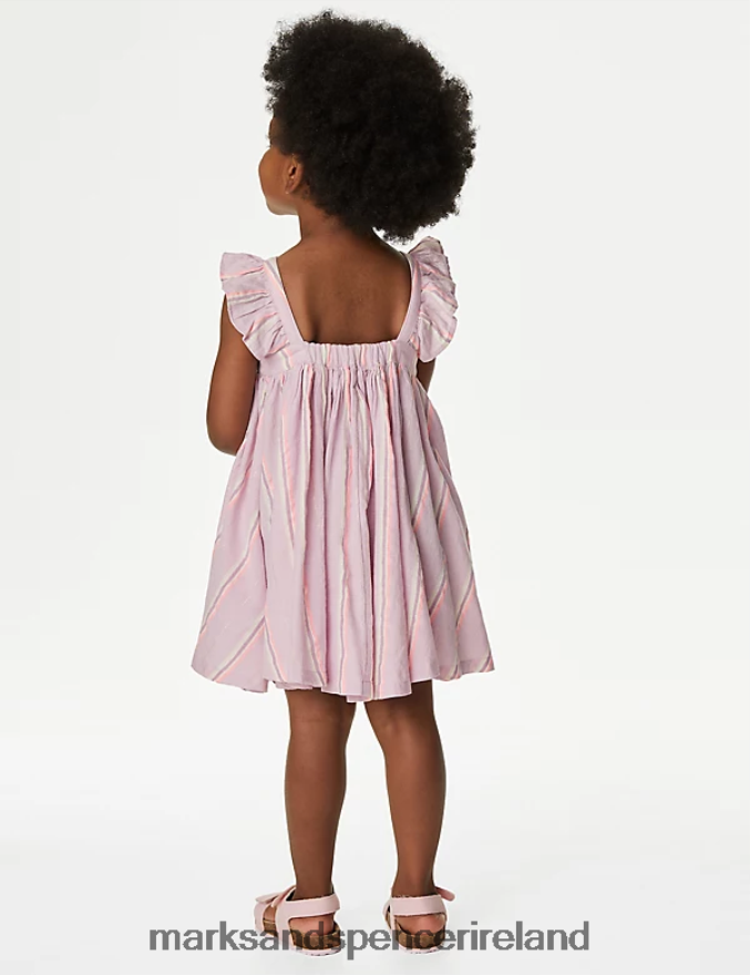 Marks & Spencer Kids Pure Cotton Striped Dress with Scrunchie Lilac Clothing 2VJ8DF9422
