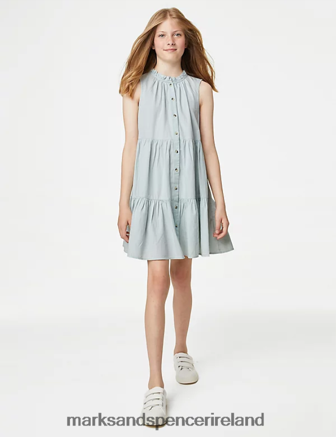 Marks & Spencer Kids Pure Cotton Tiered Dress Denim Clothing 2VJ8DF8875