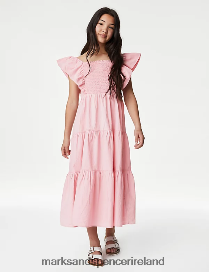 Marks & Spencer Kids Pure Cotton Tiered Dress Pink Clothing 2VJ8DF9369