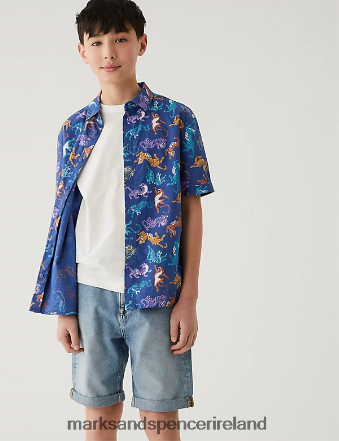 Marks & Spencer Kids Pure Cotton Animal Print Shirt Blue Mix Clothing 2VJ8DF8349
