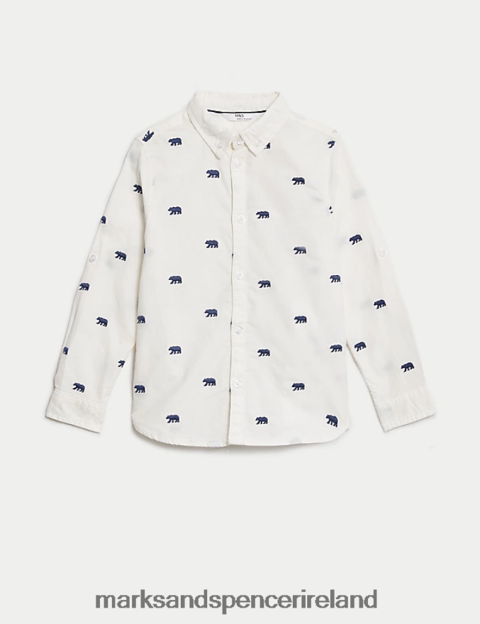 Marks & Spencer Kids Pure Cotton Bear Embroidered Oxford Shirt White Mix Clothing 2VJ8DF7934