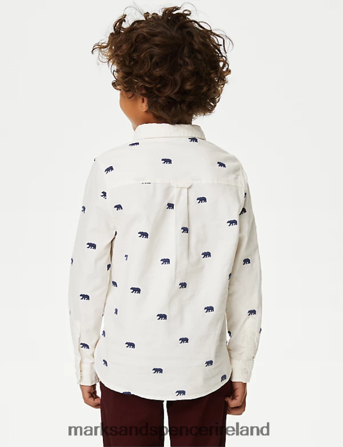 Marks & Spencer Kids Pure Cotton Bear Embroidered Oxford Shirt White Mix Clothing 2VJ8DF7934