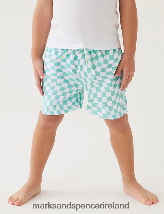 Marks & Spencer Kids Checked Swim Shorts Bright Aqua Clothing 2VJ8DF8305