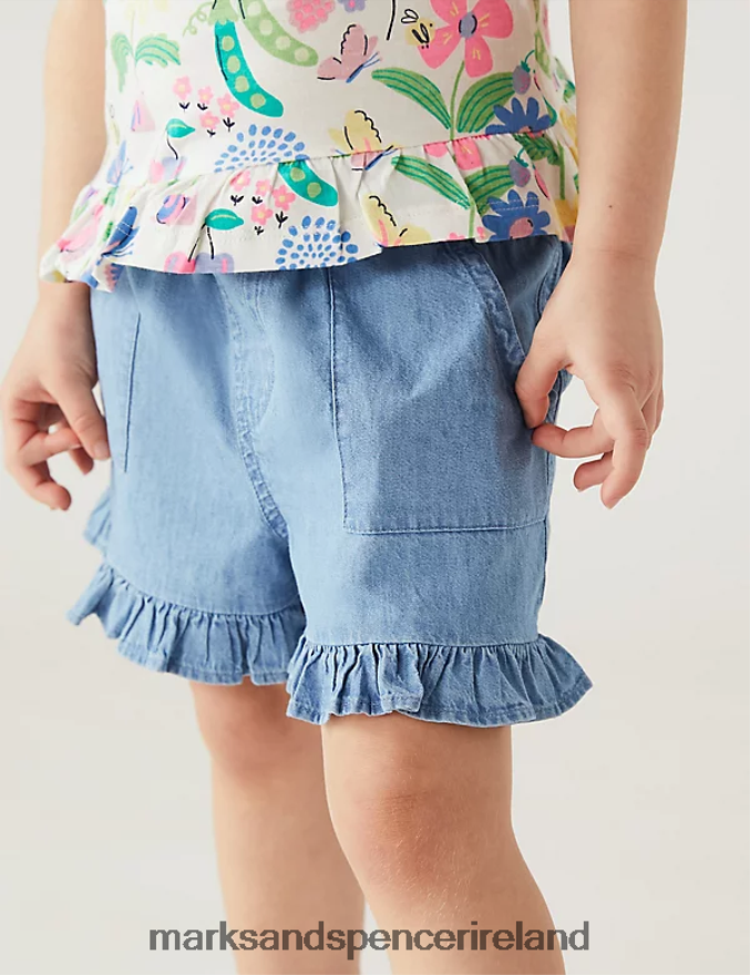 Marks & Spencer Kids Pure Cotton Chambray Frill Shorts Denim Clothing 2VJ8DF9398