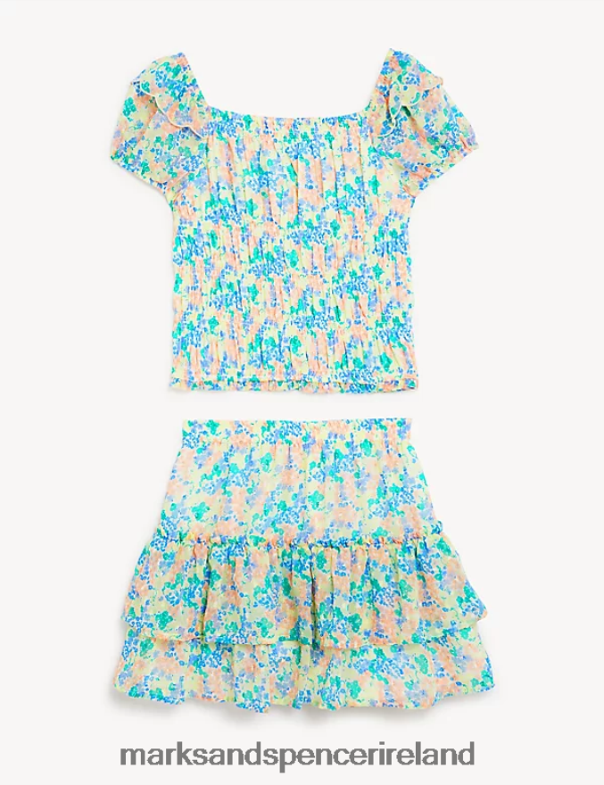 Marks & Spencer Kids Floral Top & Skirt Outfit Blue Mix Clothing 2VJ8DF9433