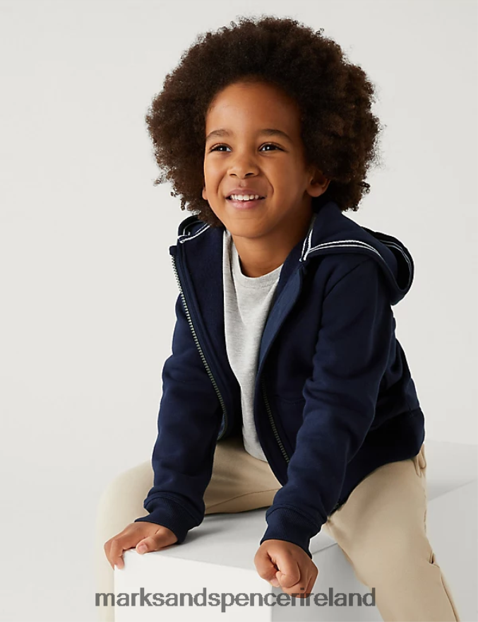 Marks & Spencer Kids Cotton Rich Plain Hoodie Navy Clothing 2VJ8DF7354