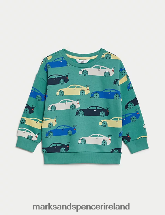 Marks & Spencer Kids Cotton Rich Transport Sweatshirt Green Mix Clothing 2VJ8DF7805