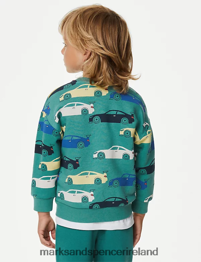 Marks & Spencer Kids Cotton Rich Transport Sweatshirt Green Mix Clothing 2VJ8DF7805