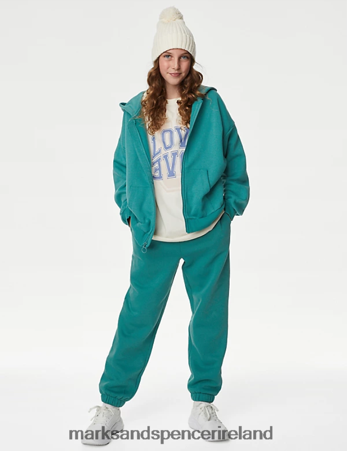 Marks & Spencer Kids Cotton Rich Zip Hoodie Green Clothing 2VJ8DF9256
