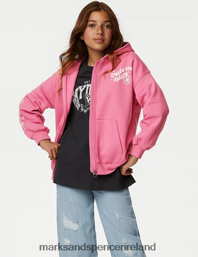 Marks & Spencer Kids Cotton Rich Zip Hoodie Pink Clothing 2VJ8DF8826