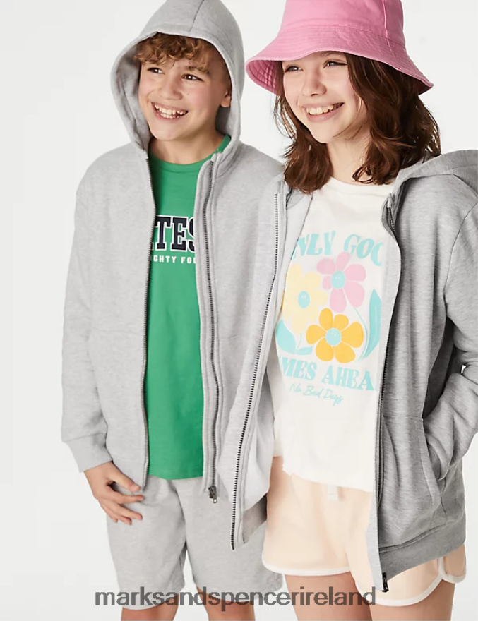 Marks & Spencer Kids Cotton Rich Zip Through Hooded Grey Clothing 2VJ8DF8234