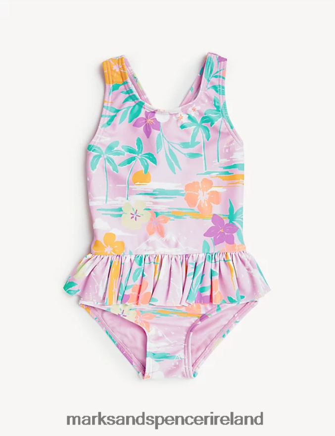Marks & Spencer Kids Palm Print Swimsuit Lilac Mix Clothing 2VJ8DF9839