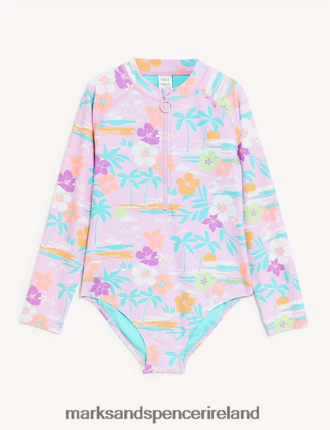 Marks & Spencer Kids Tropical Long Sleeve Swimsuit Lilac Clothing 2VJ8DF9913