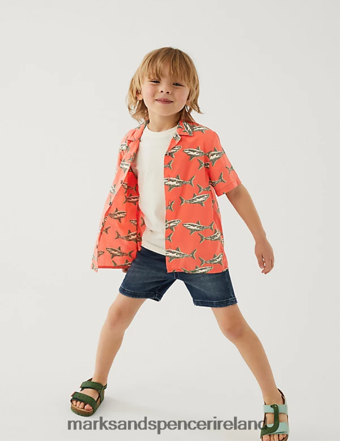 Marks & Spencer Kids 2pc Cotton Rich Shark Shirt and T-Shirt Orange Mix Clothing 2VJ8DF8655