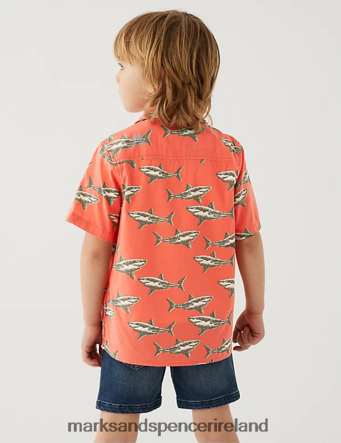 Marks & Spencer Kids 2pc Cotton Rich Shark Shirt and T-Shirt Orange Mix Clothing 2VJ8DF8655