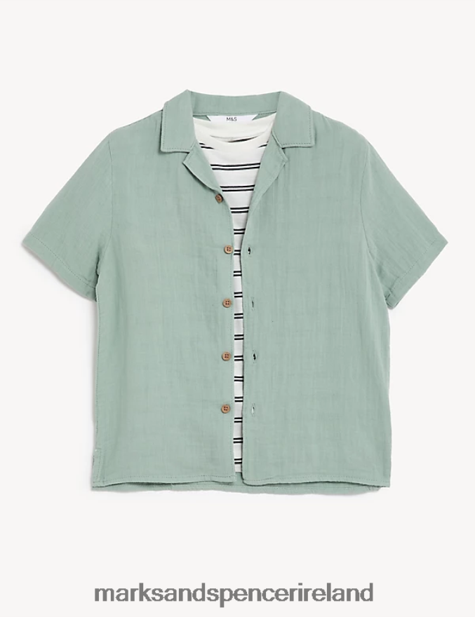Marks & Spencer Kids 2pc Pure Cotton Shirt & T-Shirt Set Aqua Clothing 2VJ8DF7918