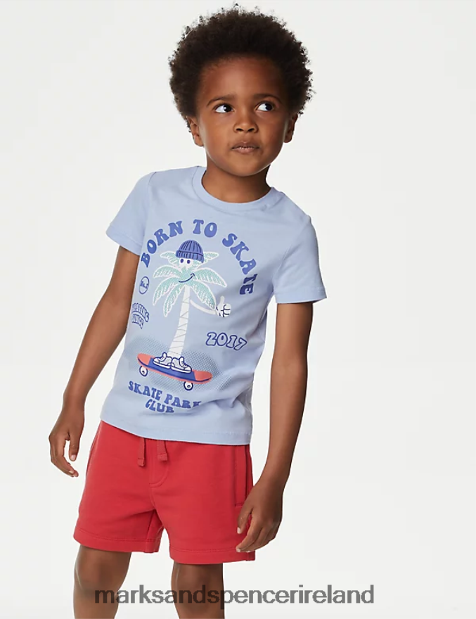 Marks & Spencer Kids 2pk Pure Cotton Skate & Plain T-Shirts Blue Mix Clothing 2VJ8DF7850