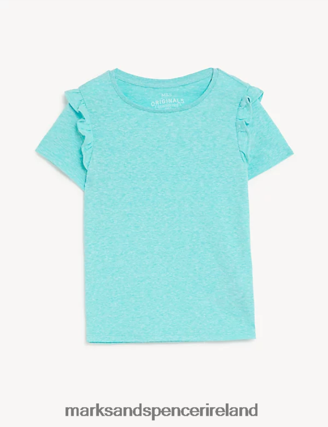 Marks & Spencer Kids Cotton Blend Frill T-Shirt Aqua Clothing 2VJ8DF9652
