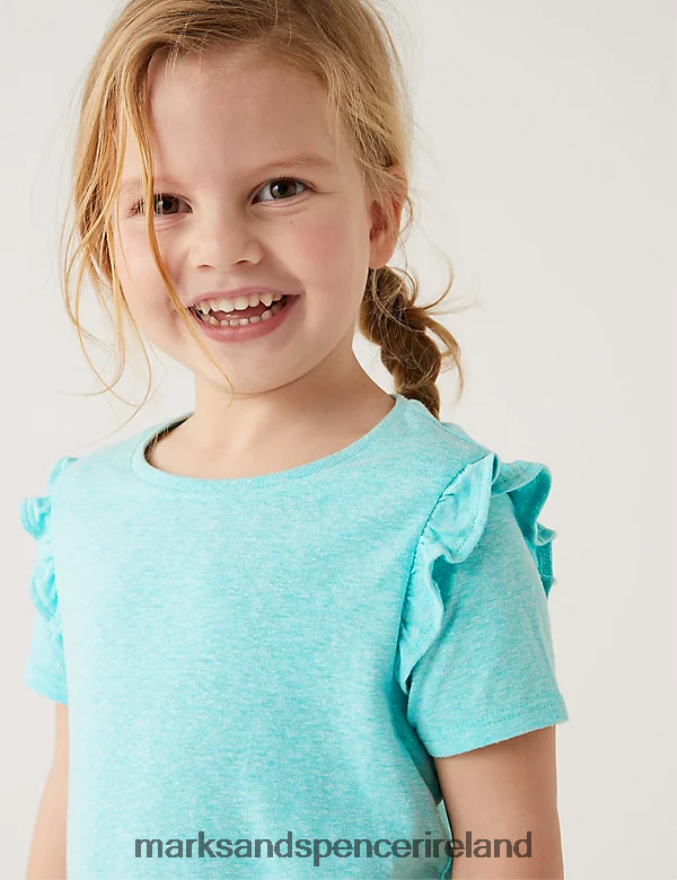 Marks & Spencer Kids Cotton Blend Frill T-Shirt Aqua Clothing 2VJ8DF9652
