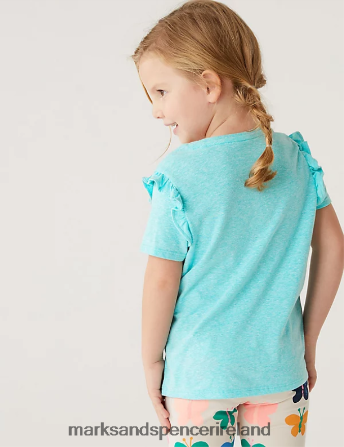 Marks & Spencer Kids Cotton Blend Frill T-Shirt Aqua Clothing 2VJ8DF9652