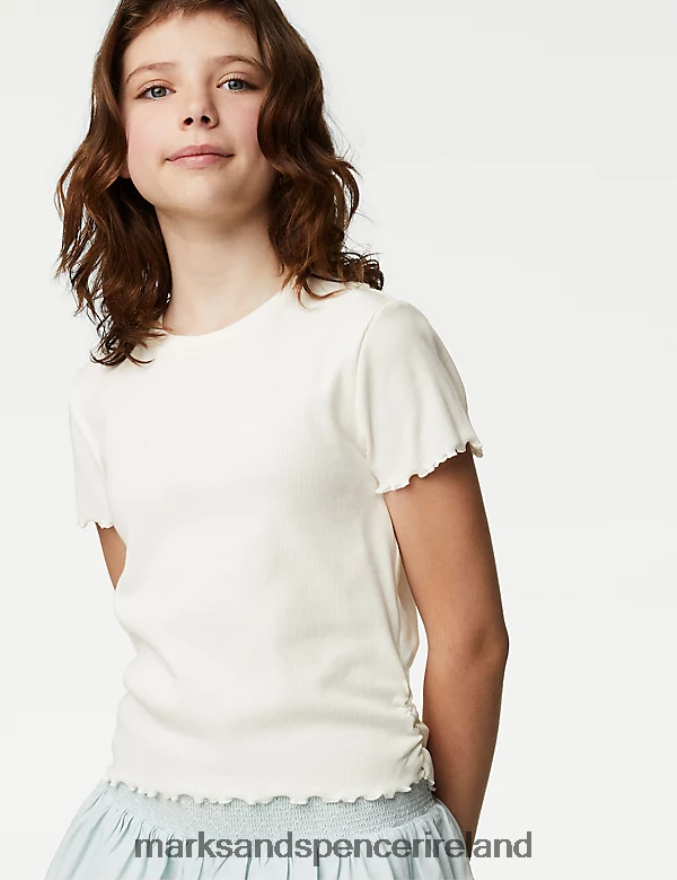 Marks & Spencer Kids Cotton Rich Ruched T-Shirt Ivory Mix Clothing 2VJ8DF9381