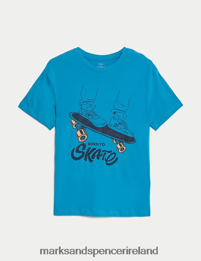 Marks & Spencer Kids Pure Cotton Born To Skate T-Shirt Turquoise Clothing 2VJ8DF8416