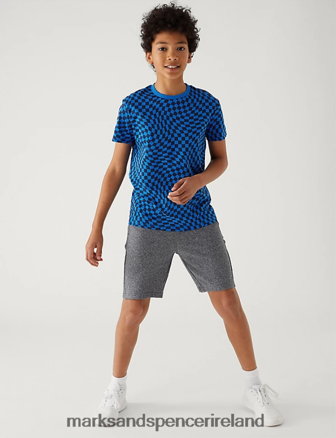 Marks & Spencer Kids Pure Cotton Checked T-Shirt Blue Mix Clothing 2VJ8DF8720
