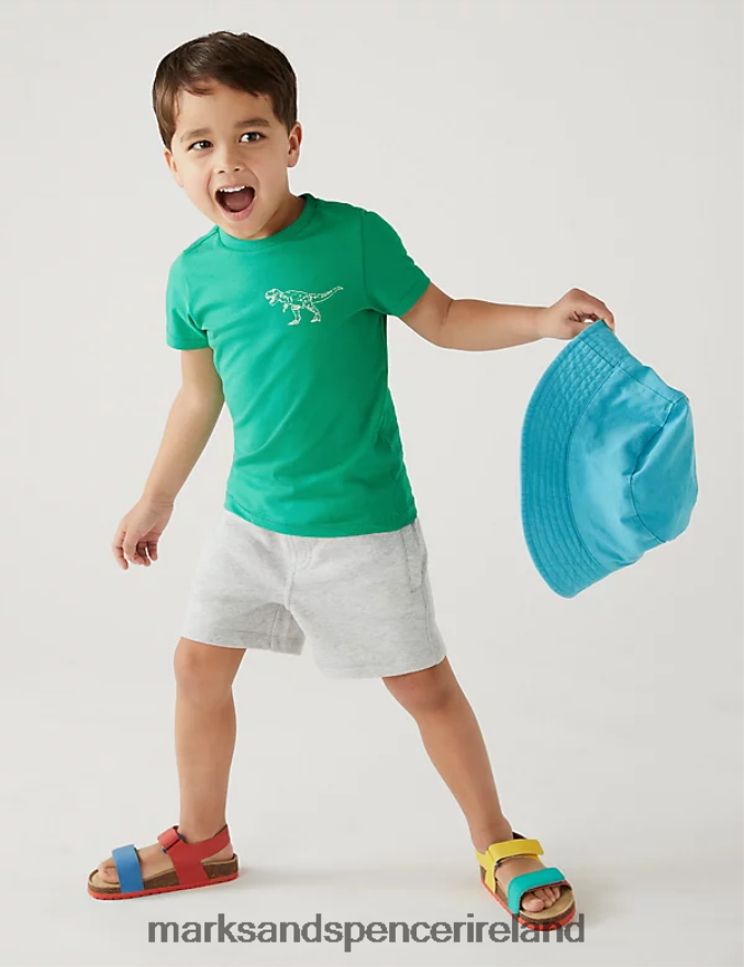 Marks & Spencer Kids Pure Cotton Dinosaur Print T-Shirt Green Mix Clothing 2VJ8DF8543