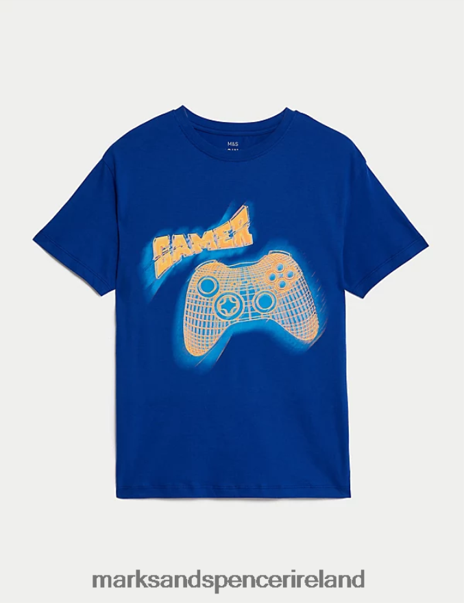 Marks & Spencer Kids Pure Cotton Game Controller T-Shirt Blue Clothing 2VJ8DF8180
