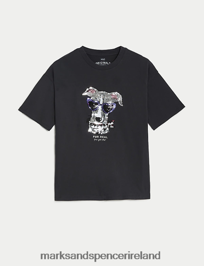 Marks & Spencer Kids Pure Cotton Reversible Sequin Dog T-Shirt Charcoal Clothing 2VJ8DF8822