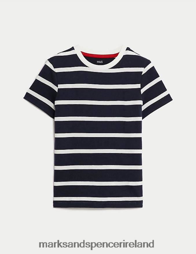 Marks & Spencer Kids Pure Cotton Striped T-Shirt Navy Mix Clothing 2VJ8DF7983