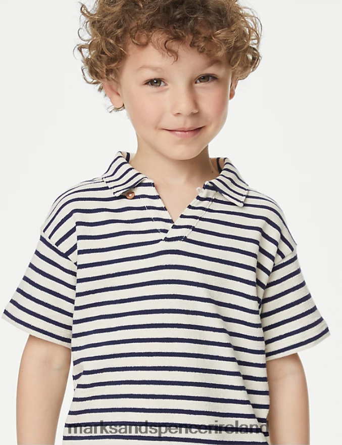Marks & Spencer Kids Pure Cotton Textured Striped T-Shirt Navy Mix Clothing 2VJ8DF8551