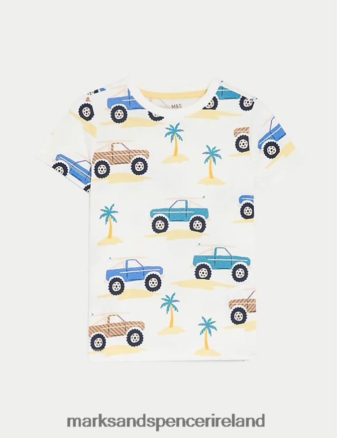 Marks & Spencer Kids Pure Cotton Truck Print T-Shirt White Mix Clothing 2VJ8DF8334