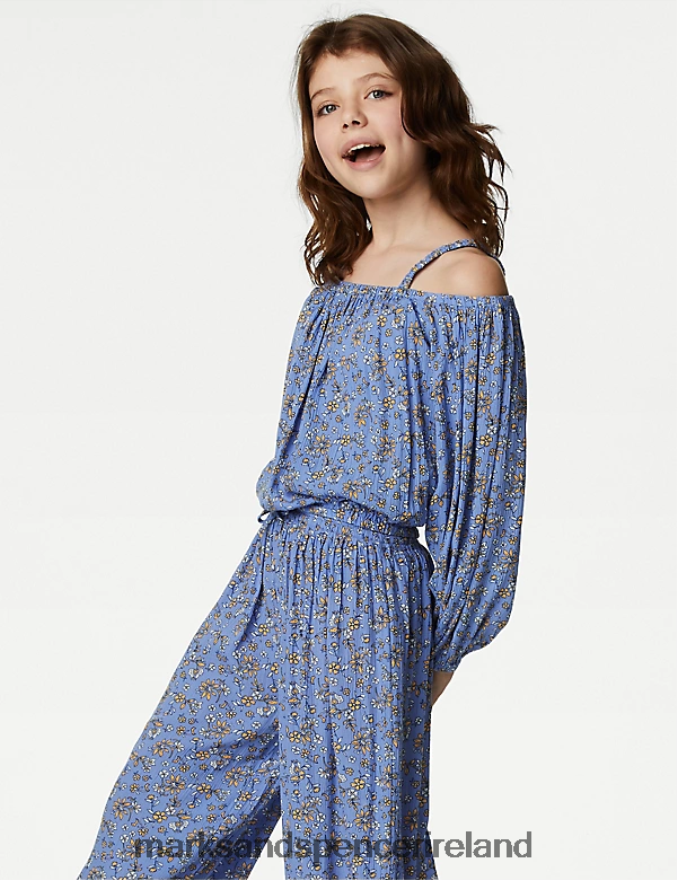 Marks & Spencer Kids Floral Top Blue Mix Clothing 2VJ8DF9443