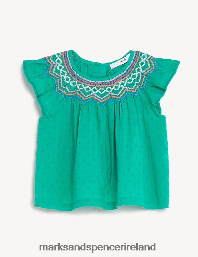 Marks & Spencer Kids Pure Cotton Embroidered Top Bright Jade Clothing 2VJ8DF9918