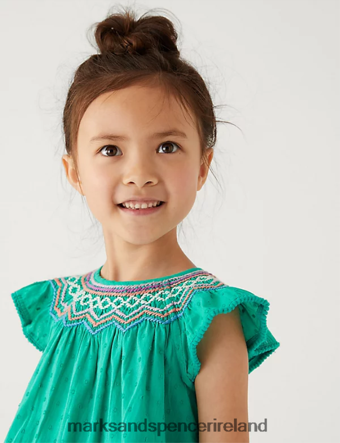 Marks & Spencer Kids Pure Cotton Embroidered Top Bright Jade Clothing 2VJ8DF9918