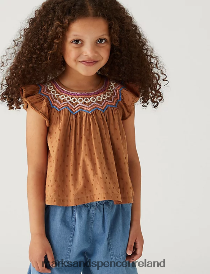Marks & Spencer Kids Pure Cotton Embroidered Top Spice Clothing 2VJ8DF9698