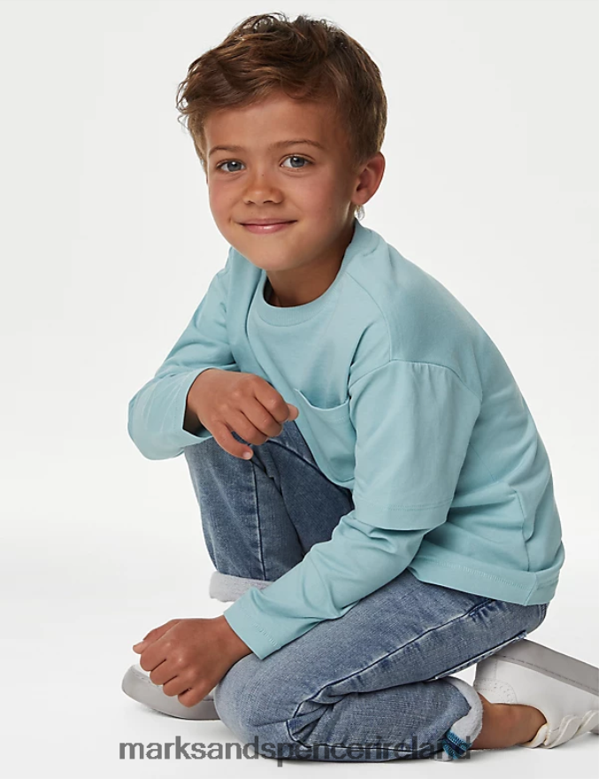 Marks & Spencer Kids Pure Cotton Top Light Blue Clothing 2VJ8DF7880