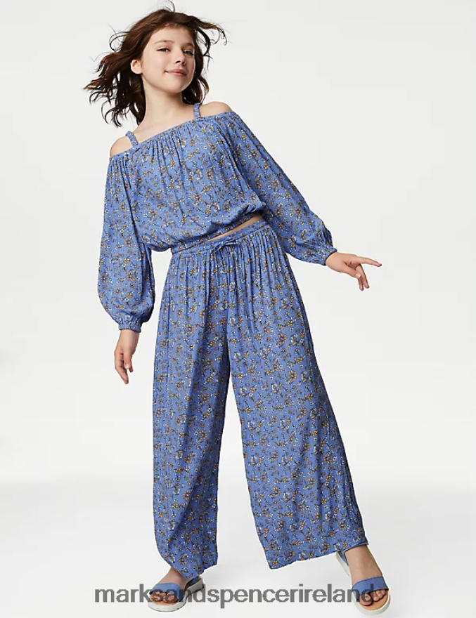 Marks & Spencer Kids Floral Trousers Blue Mix Clothing 2VJ8DF9241